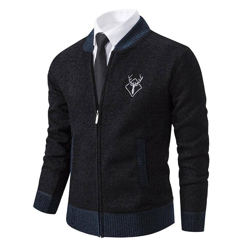 Autumn and Winter Casual Knitted Cardigan Plus Velvet Thickened Men's Baseball Collar Jacket Trendy Sweater Wear
