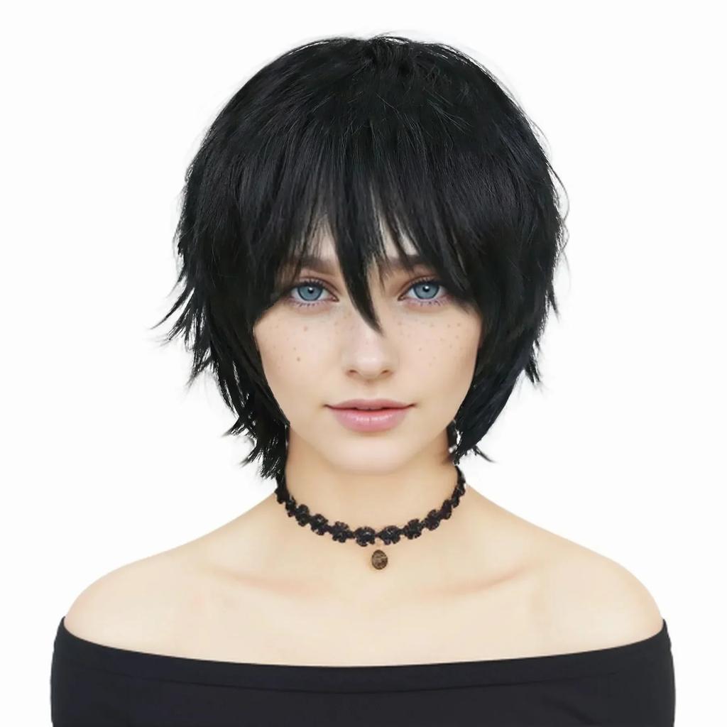 Short Black Wigs for Women Synthetic Hair Cosplay Wig with Bangs Shag Curly Hairstyles Anime Costume Party Halloween Wig Natural