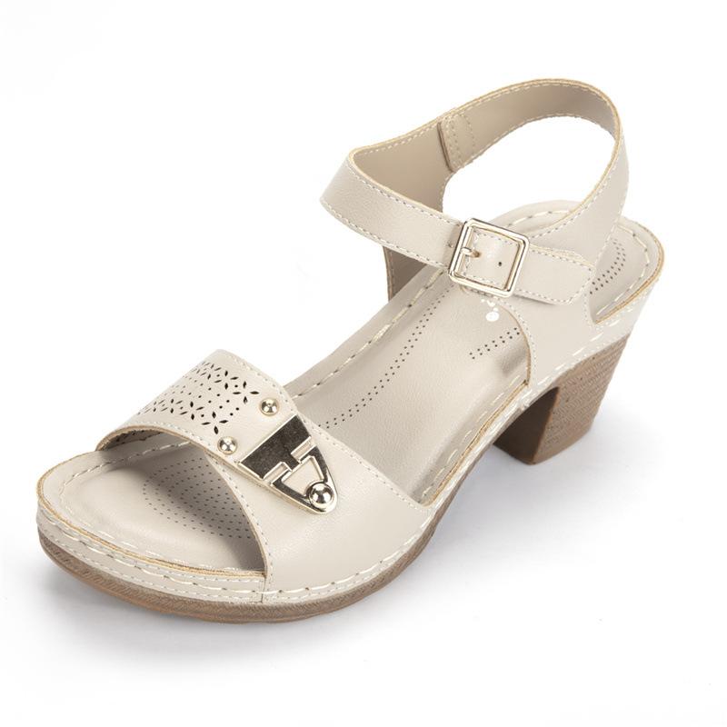 Roman Breathable Sandals Summer Shoes Women 2026 Leather Chunky High Heels Casual Comfortable Beach Shoes Sandalias Femininas
