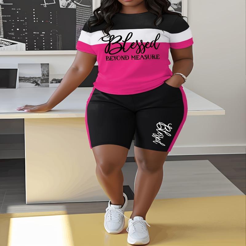 Women's Casual Short-sleeved Shorts Striped Suit, Thanksgiving Letter Print, Pants with Pockets