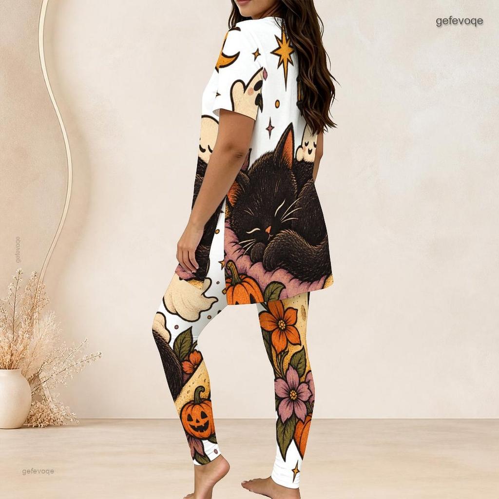 Women Plus Size White Halloween Printed Two Piece Set Round Neck Short Sleeve Longline Top And Long Pants