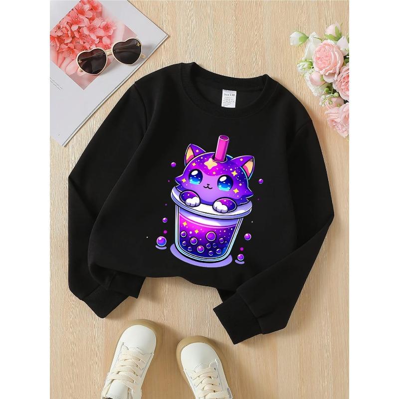 European sizes Crewneck Sweatshirt for Kids Featuring a Galaxy Cat with a Bubble Drink Design, Soft And Comfy Sports And Casual Wear