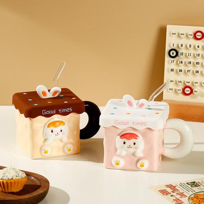 Tazza Coniglio Tridimensionale Carina con Coperchio Cannuccia Regalo Creativo per Ragazza Tazza da Colazione Quadrata in Ceramica Ufficio