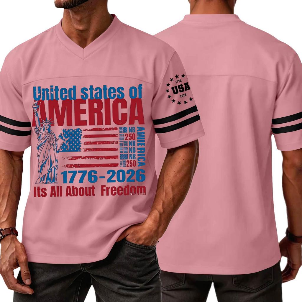 Mens V Neck Short Sleeve Sports T Shirt with States of America 1776 2026 Graphic and Statue of Print
