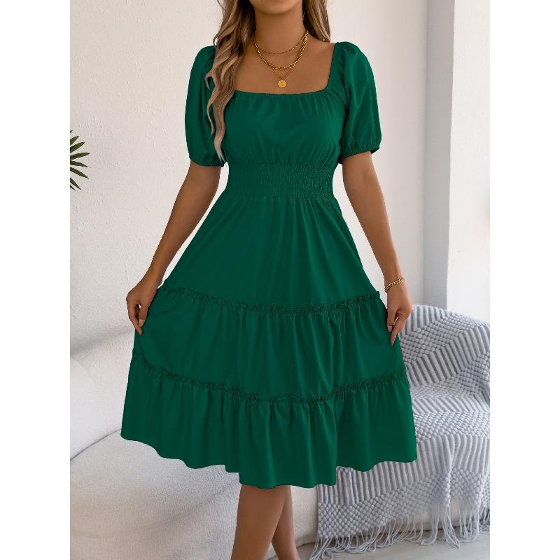

Женское платье-юбка на весну и лето, однотонное, с квадратным вырезом, коротким рукавом, ушками и широким подолом S темно-зеленого