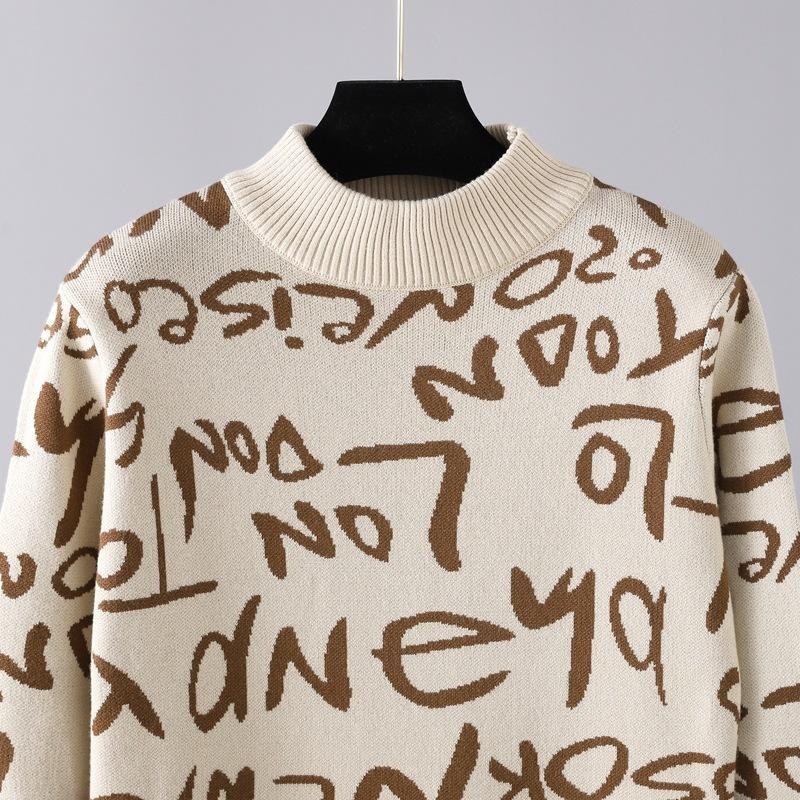 Autumn Winter Women High Neck Vintage Knitted Pullover Long Sleeve Letter Graffiti Sweater Dress
