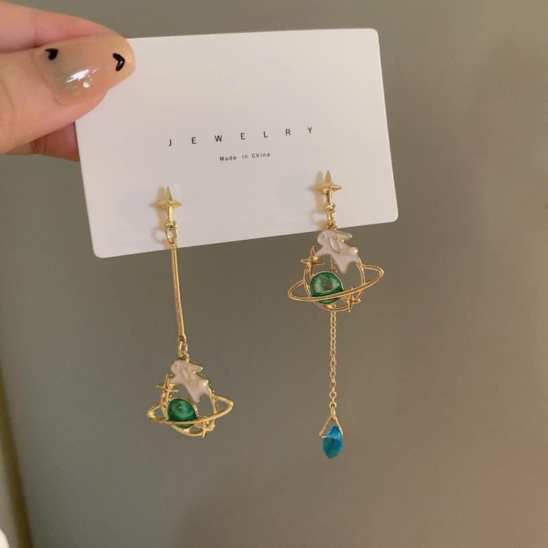 S925 Sterling Silver Planet Tassel Earrings with Cute Rabbit Design