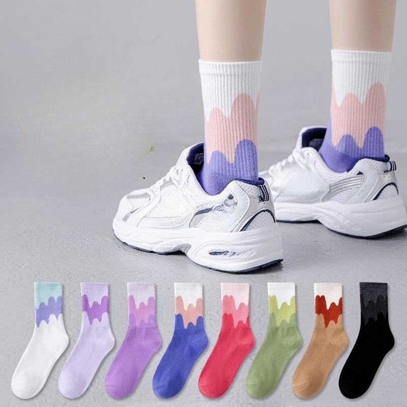 Women's Spring and Autumn Style Pure Cotton Mid-calf Socks, Gradient Color Letter Sports Socks, Long Socks