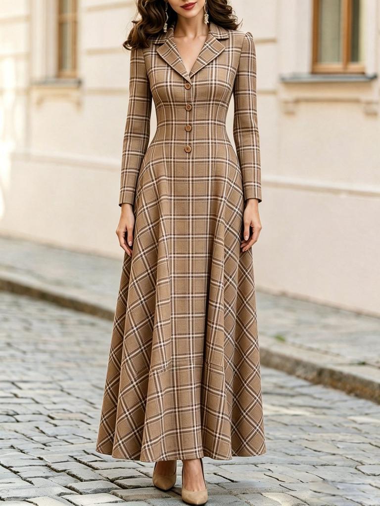 Spring and Autumn Temperament Elegant French Commuter Plaid Breasted Suit Dress Women's Long Dress