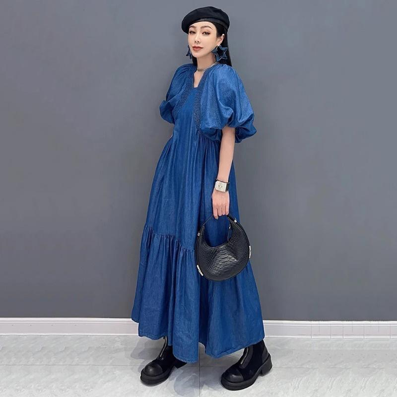 Xitao Pleated Patchwork Loose Denim Dress ZMY1278