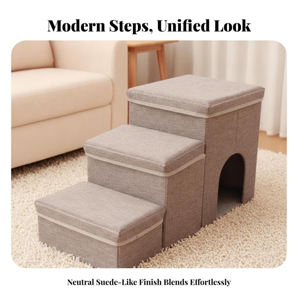 3-Step Pet Stairs Soft Steps with Den Cozy for Sofa, Living Room, Small Dogs