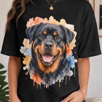 Rottweiler Watercolor Portrait T Shirt Unique Dog Lover for Rottie Mom Dad Vintage Washed Versatile Streetwear Designer Clothes