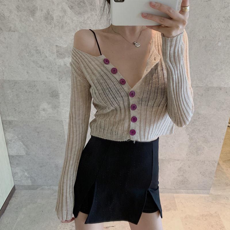 Women's Thin and Sexy Hollow Out Sunscreen Cover Shirt Slimming and Versatile Short Knitted Sweater Temperament Top Trendy