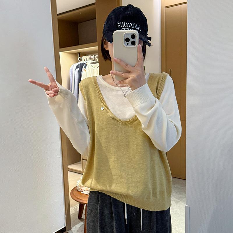 Plus Size Women Fake Two Piece Round Neck Knitted Pullover Sweater