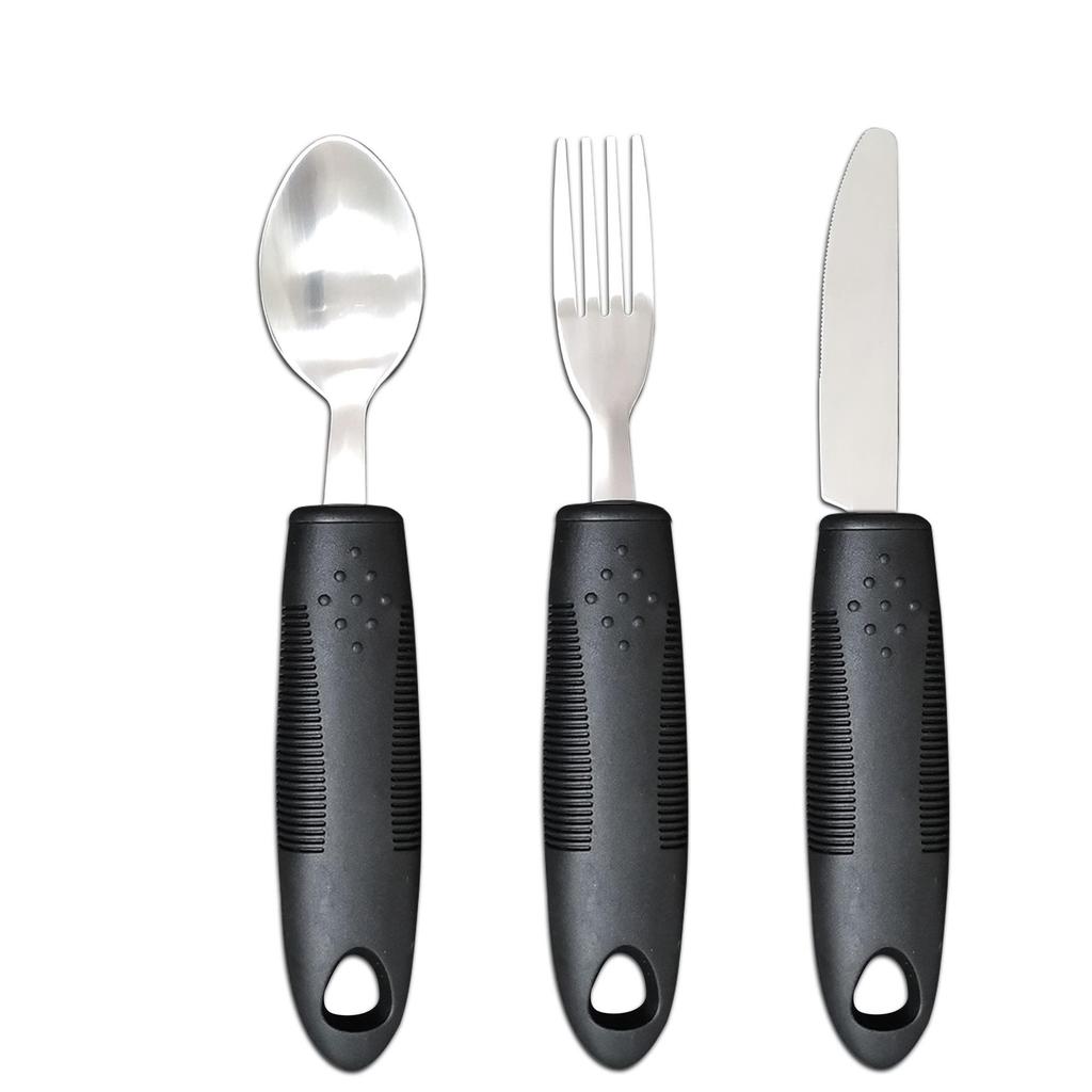 Adaptive Stainless Steel Anti-Tremor Tableware Set: Ergonomic Knife, Fork, Spoon with Rubber and Plastic Handles for Elderly Assistance