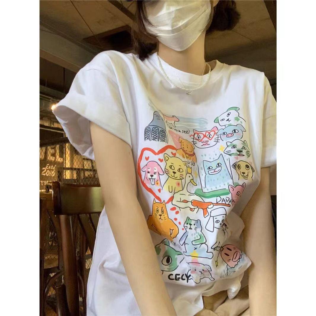 

Женская летняя футболка 2024 года с коротким рукавом из чистого хлопка - Модный корейский стиль, свободный крой L (recommended for 51-57.5kg)