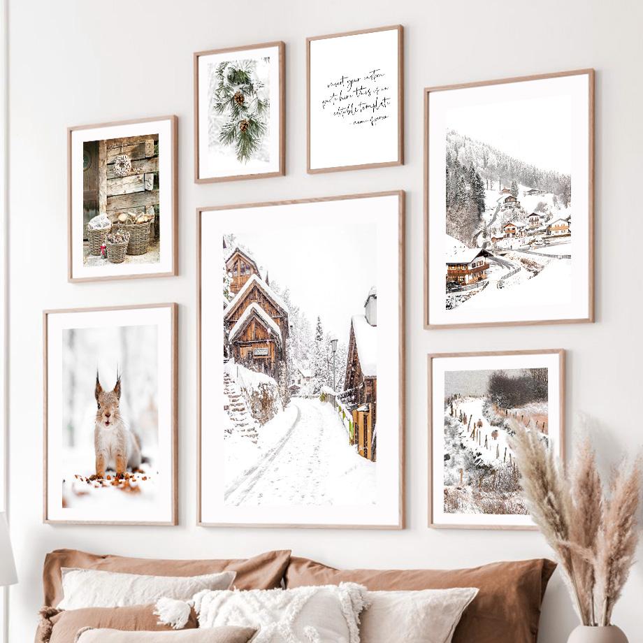Snow Mountain Deer Squirrel Sheep Pine Leaf Road Wall Art Canvas Painting Posters And Prints Wall Pictures For Living Room Decor