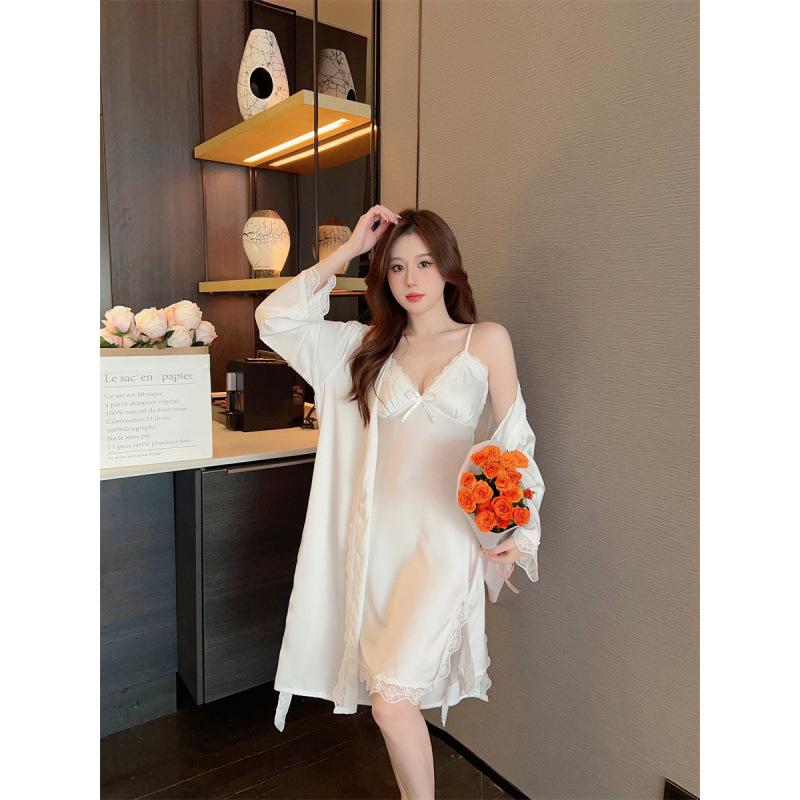 Moonlight Variations Shu Solid Color Pajamas Women's Chest Pad Ice Silk Suspender Pajama Two-piece Set Pure Desire Skirt and Robe Set