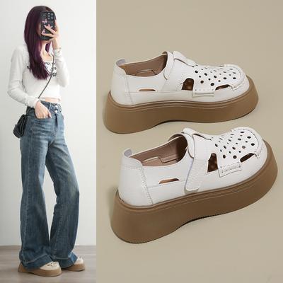 Dámske sandále Baotou v retro štýle na vonkajšie nosenie v lete, dierované topánky Lefou s hrubou podrážkou, priedušné dierované topánky, módne priedušné topánky pre ženy