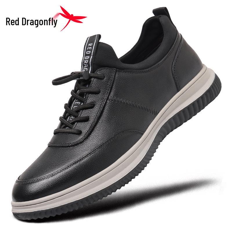 Red Dragonfly Men's Waterproof No-Tie Leather Travel Shoes - 2025 Black Cowhide Wear-Resistant Sports Shoes