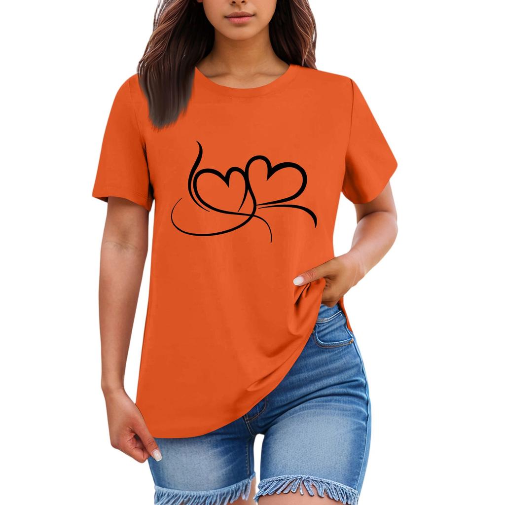Ladies' Loose Comfortable Casual Fashionable  Heart Pattern Printed Round Neck Short Sleeved Shirt