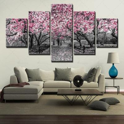 Abstract Cherry Blossoms Park View 5Pcs Wall Art Print Canvas Poster Pictures Paintings Home Decor for Living Room Decoration