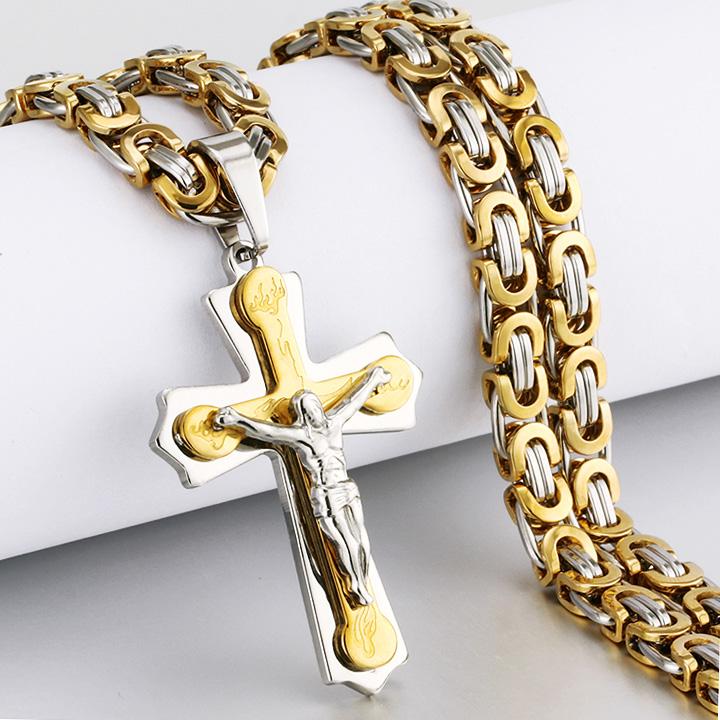 Collana con ciondolo a croce in acciaio inossidabile per uomo religioso, pesante collane a catena bizantina, gioielli sacri di Gesù Cristo