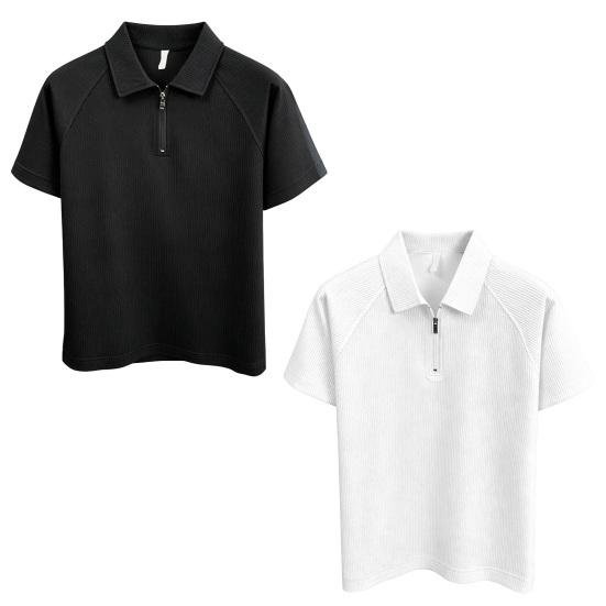 Men Quarter Zip Shirt Loose Fit Turndown Collar Short Sleeve Textured Shirt Casual Solid Color Golf Shirt for Office Daily Life Date