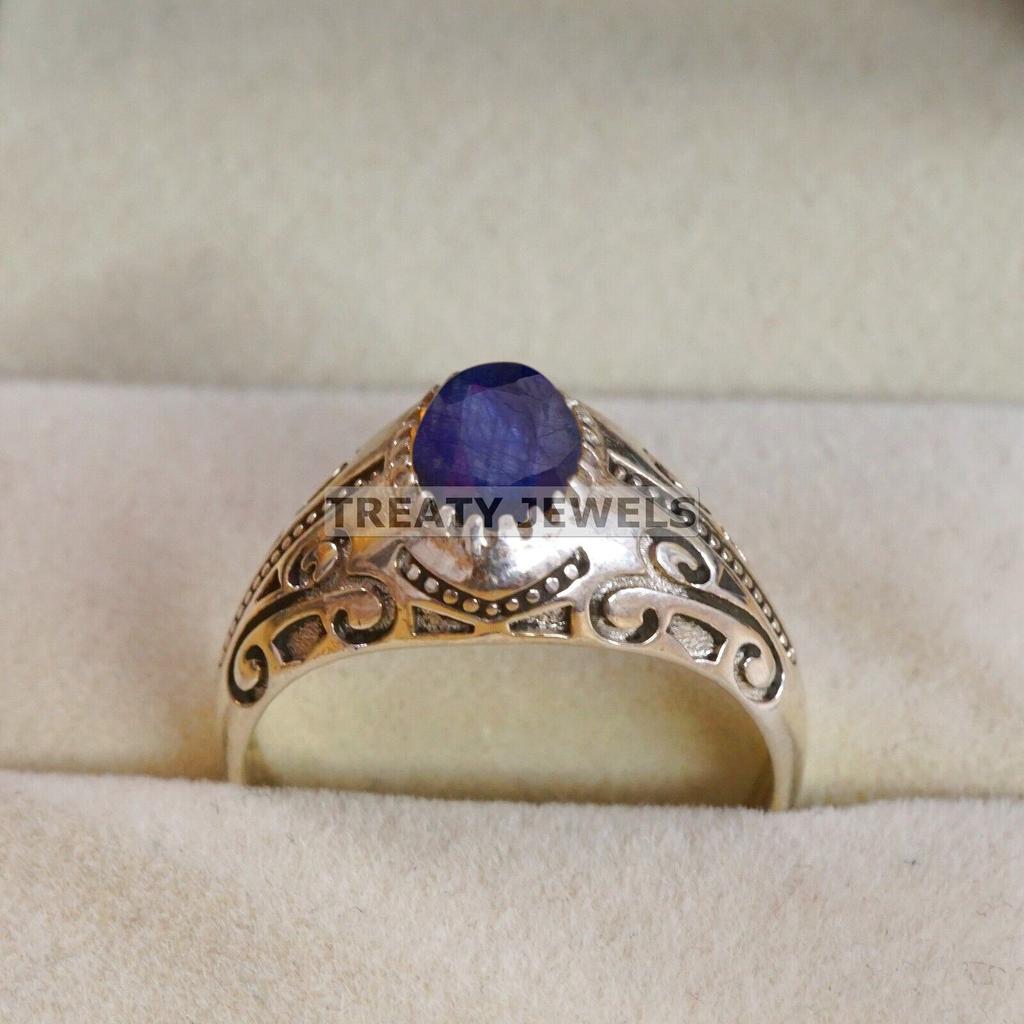 Blue Sapphire Oval Cut Gemstone With 925 Sterling Silver Ring For Men's #B581 JL375686463723