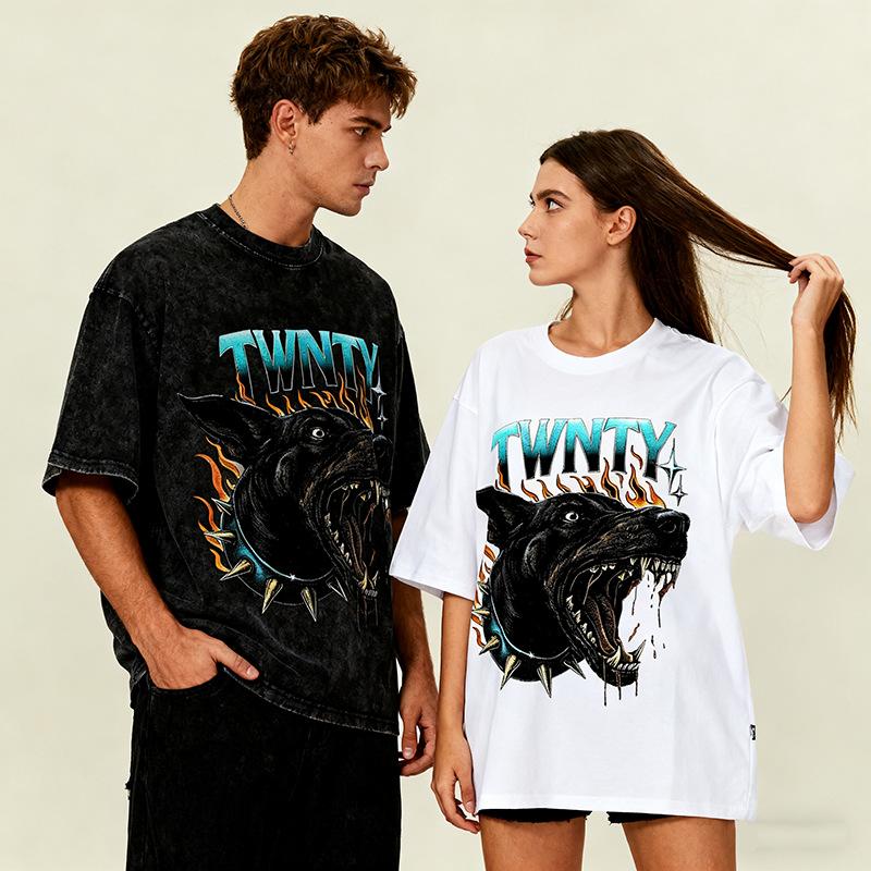 Summer Trendy Men'S T-Shirt American Retro Vicious Dog Print Heavy Weight Washed Short-Sleeved Top