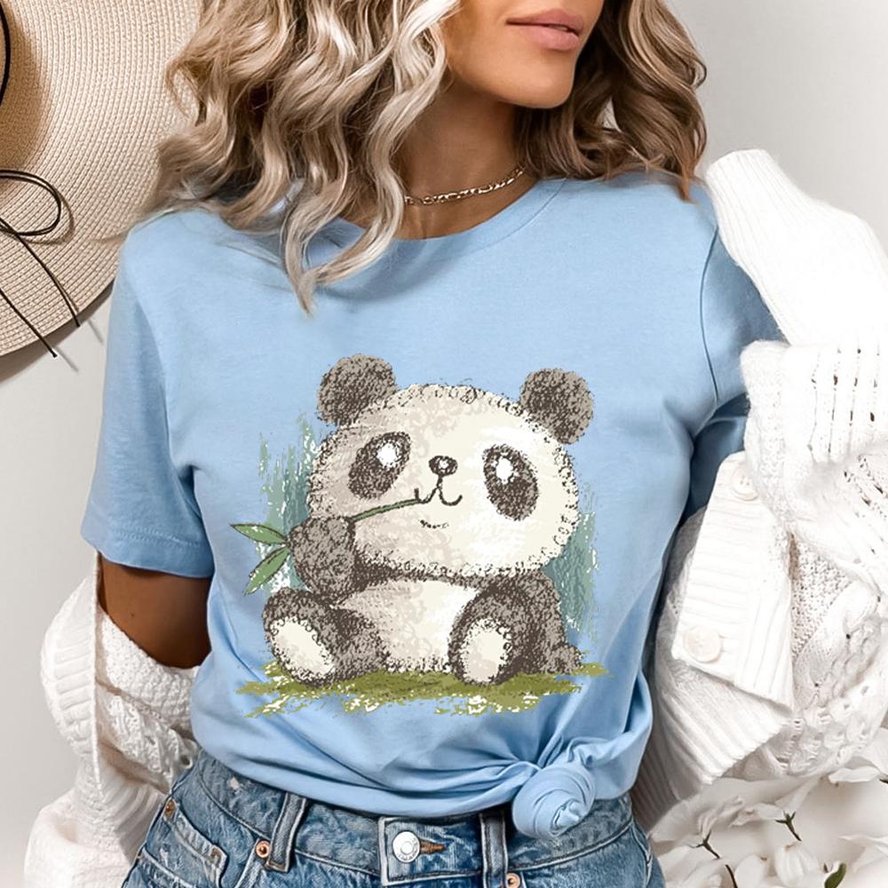 Cute Panda Print T-shirts For Women Summer Lovely Short Sleeve Casual Round Neck T-shirts Ladies Creative Personalized Tops