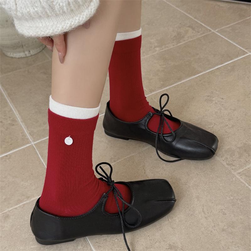 Red Socks for Women's Autumn and Winter Cotton Socks, Cute and Trendy New Year Long Socks