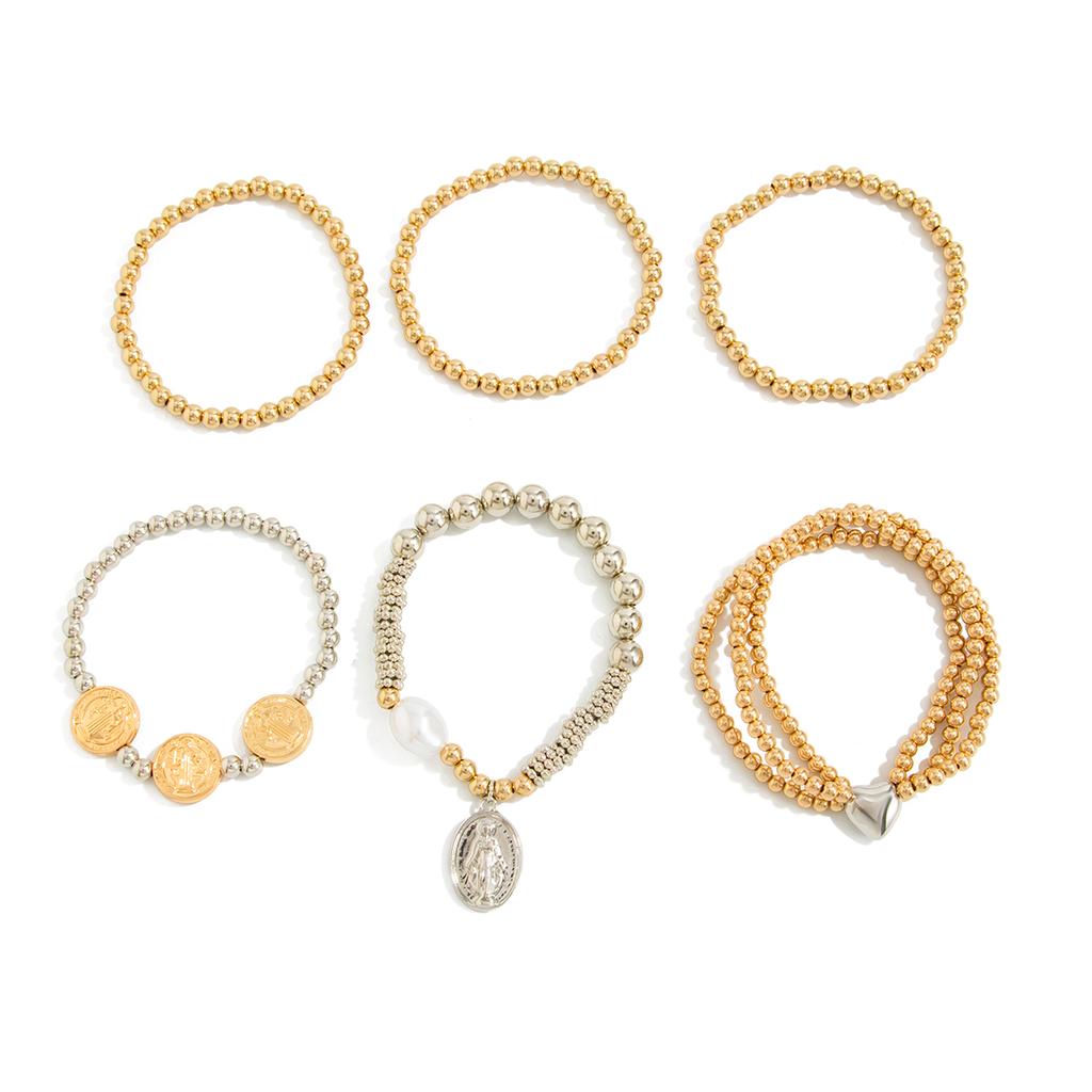 Ingemark 6Pcs/Set Retro Imitation Pearls Heart Pendant Bracelets for Women Creative Mixed Color CCB Beads Chain New Year Jewelry