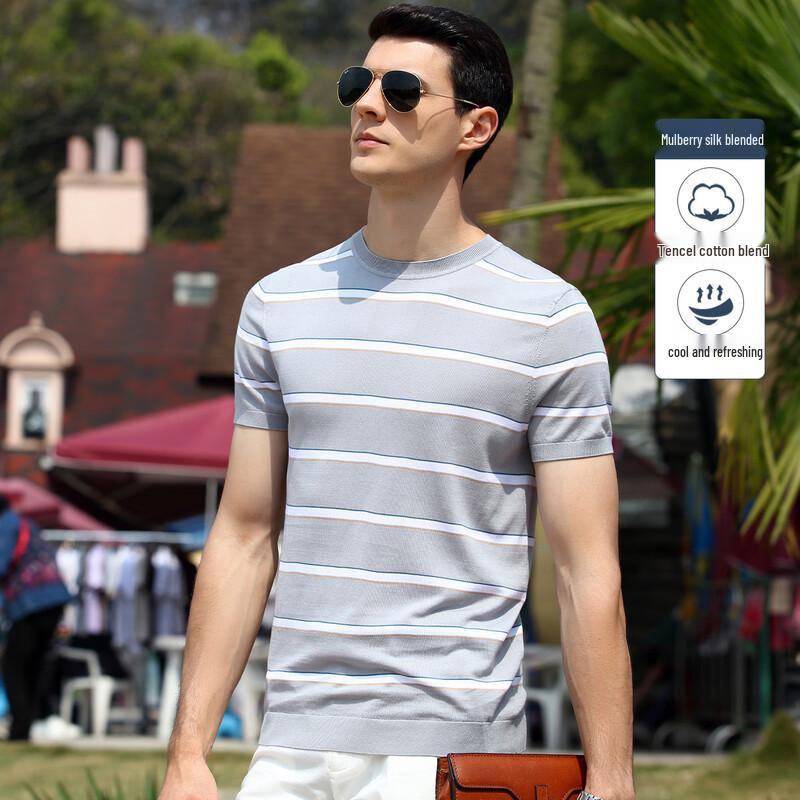 Men s Silk Blend Contrast Stripe Short Sleeve T-Shirt 48