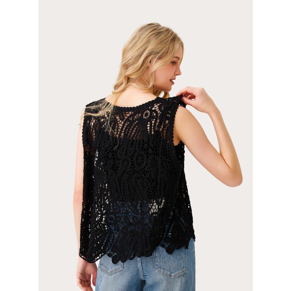 DIMANAF 2026 New T-Shirt Knitting Lace Vest Women Buttons O-Neck Hollow Summer Style Basic Tops Tees Loose Clothing