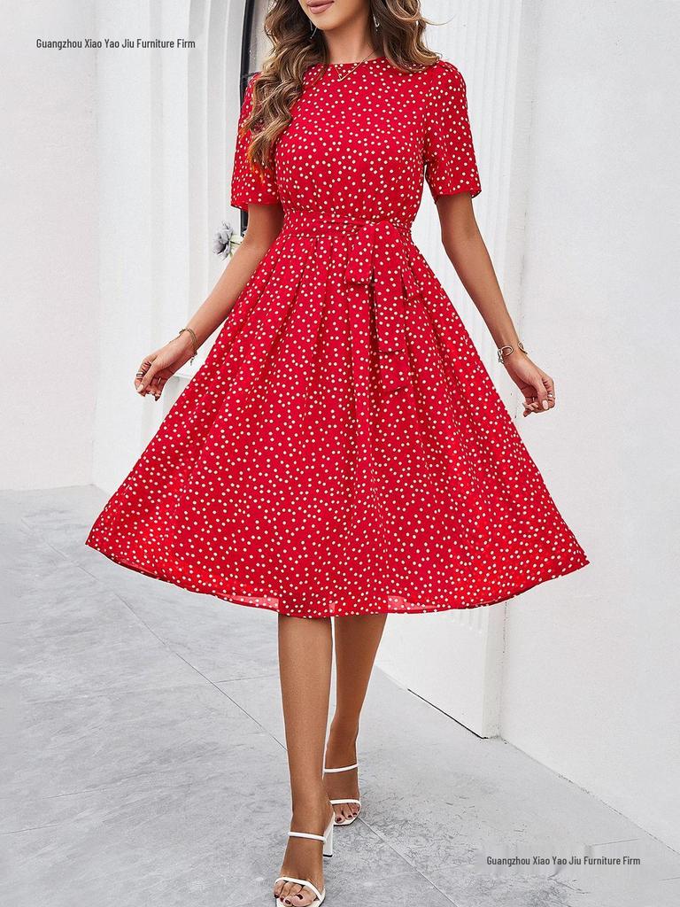 European & American Women's Polka Dot Casual Lace-up Long Dress - Spring & Summer Collection