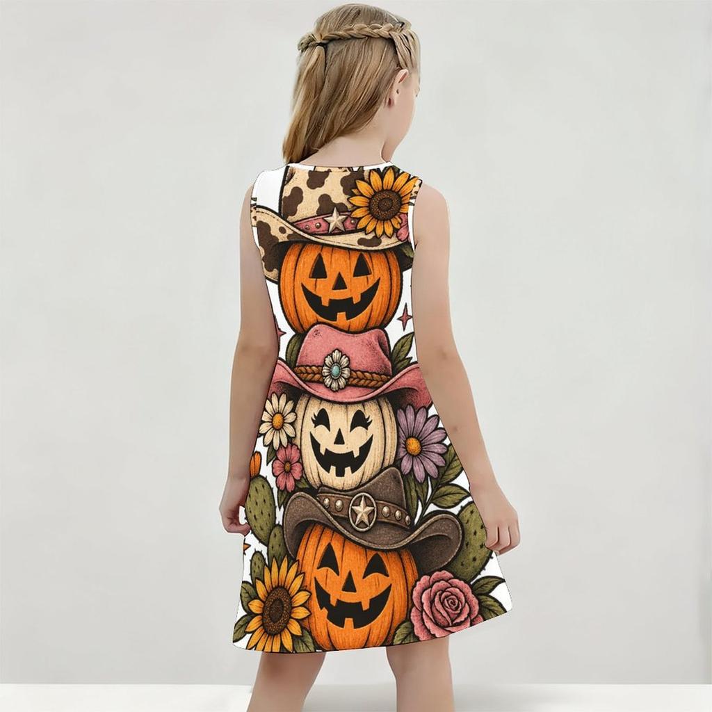 Girls Round Neck Sleeveless Cartoon Chicken Pumpkin Printed A Line Flared Dress