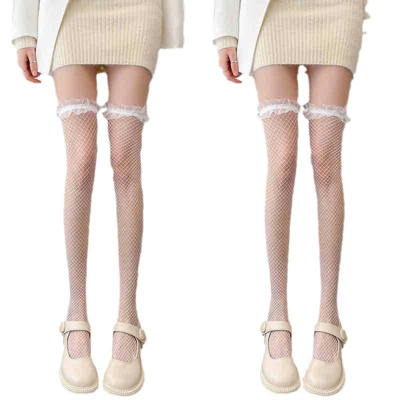 Lace Ruffled Fishnet Long Stockings Cute Japanese Style Over-the-Knee Lolita Long Fishnet Stockings Sexy Socks