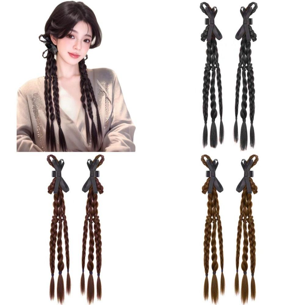 2pcs Sweet Twist Braid Hairpiece Handmade Girls Bow Wig Hairbands  for Women