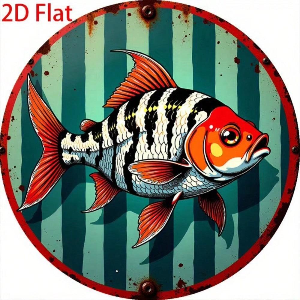 Vintage Blue Green Striped Flat Fish Metal Tin Sign Country Kitchen Retro Decor