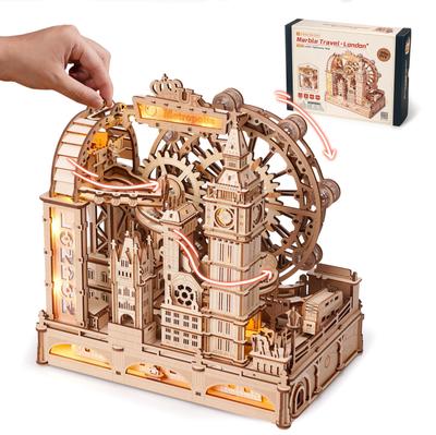 ROBOTIME 3D Fa Puzzle, Golyópálya Fényekkel, Golyós Utazás London Hullámvasút, Vízikerék, Fogaskerekek, Pálya, Golyó Labirintus, Hullámvasút, Nyár