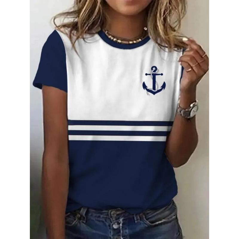 Women's 3D Printed T-Shirt Colorful Striped Boat Anchor Pattern Print Short Sleeve O-Neck Pullover Casual Top