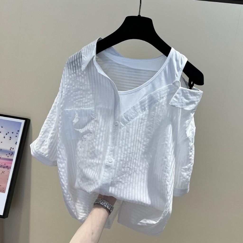 Damenmode Lässig Gestreift Trägerlos Patchwork Kurzarm Shirt Top