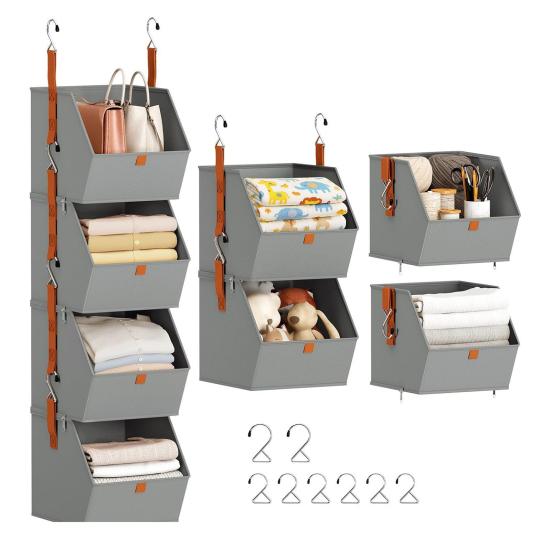 1 Set Collapsible Hanging Closet Organizer Adjustable Wardrobe Storage System with Hooks 4 Tier Closet Shelves Foldable Fabric Storage Bins