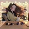 Anime Girl And Cat Healing Scenery Tapestry Wall Hanging Decorative Fabric for Room Headboard And Background Decoration