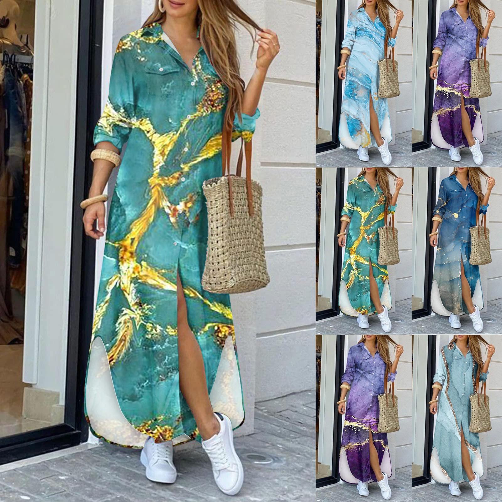 

Платья-рубашки для женщин, сексуальные повседневные блузки с длинными рукавами и принтом, свободные макси-платья с разрезом на пуговицах