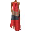Damen Vintage O-Ausschnitt Ärmellos Color Block Wellenlinie Taschen Langes Lockeres Kleid