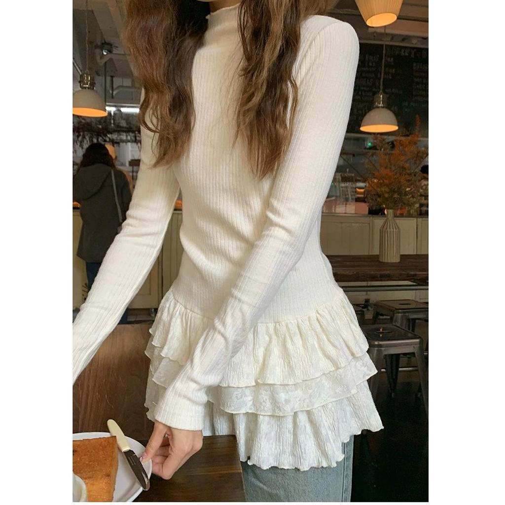 2025 Slim-Fit Lace Trim Half-High Collar Long-Sleeve T-shirt with Layered Cake Skirt
