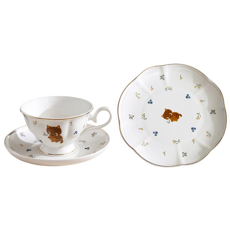 Ins Simple Pastoral Coffee Cup and Saucer High Value Afternoon Tea Cup and Saucer Cover + Ceramic Cat Flower Tea Cup Tea Set