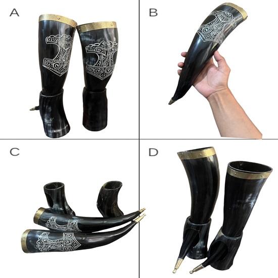 Set of 2 Viking Drinking Horn Natural Drinking Horn with Stand Polished Finish, Brass Trim Knob